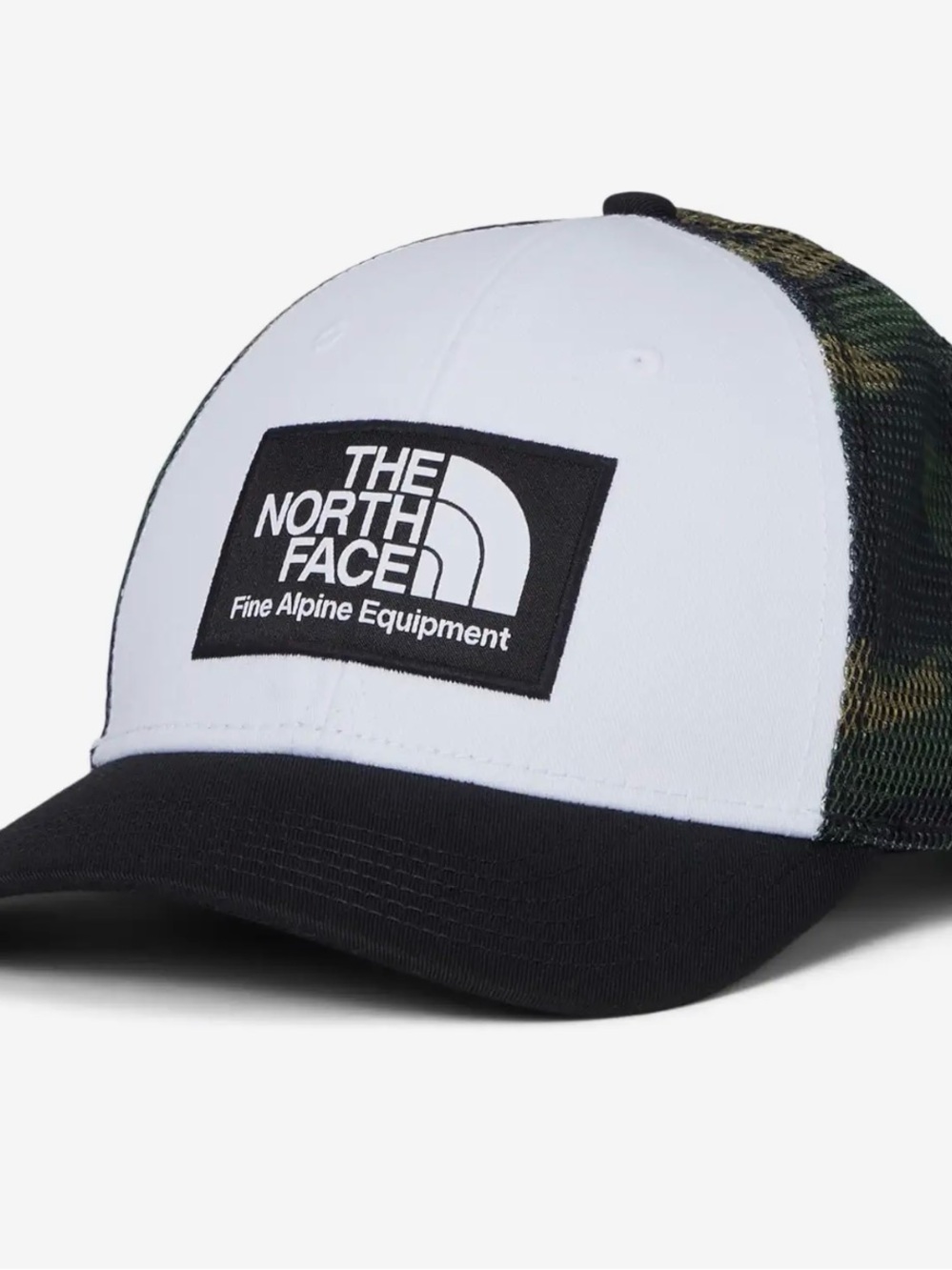 The North Face White Front Black Bill Trucker Cap with Green Camo Mesh